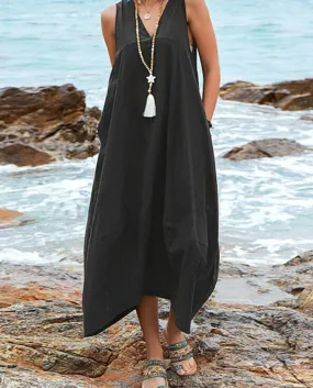 2022 Donne di Estate di Modo Allentato Backless Chic Lace Up Dress Casual Solido Senza Maniche Con Scollo A V Abito Lungo Sempli