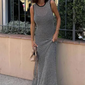 Abito lungo slim senza maniche a righe femminile Patchwork scollato casual Boho Holiday Beach Dress Vita alta da donna