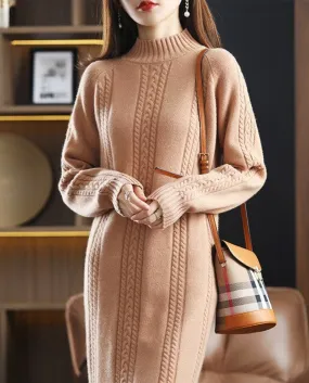 Autumn Female Long Sleeve Elegant  Split Maxi Knitted Dresses Women Solid Color Winter Casual Sweater Long Dress