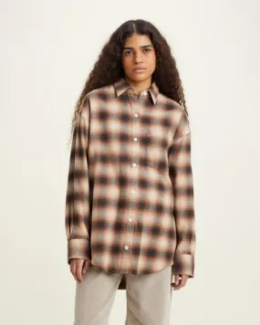 Camicia in flanella di cotone a fantasia check marrone e cammello