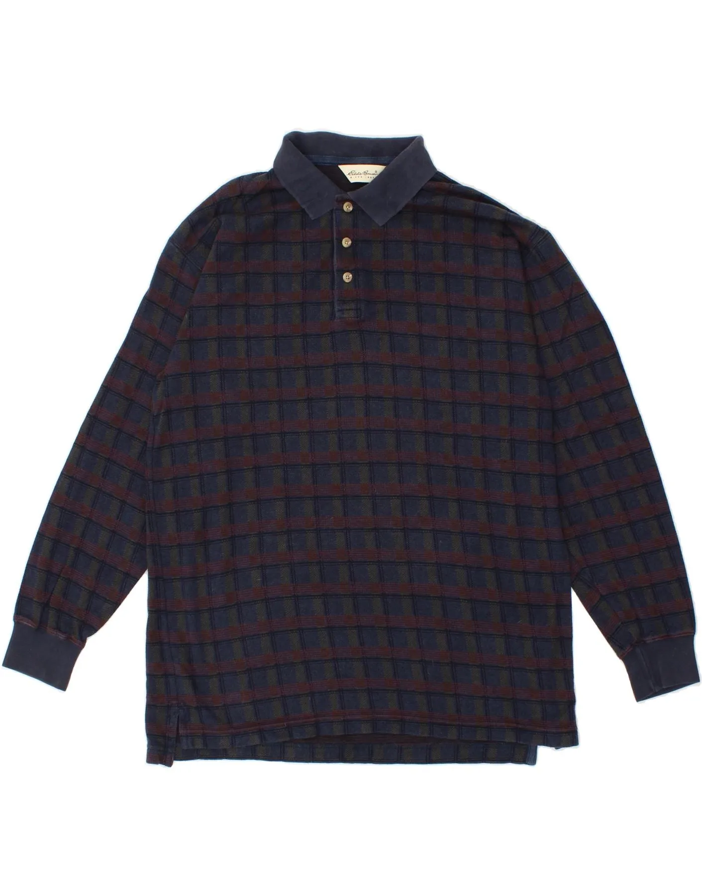 EDDIE BAUER Mens Long Sleeve Polo Shirt Large Navy Blue Check Cotton
