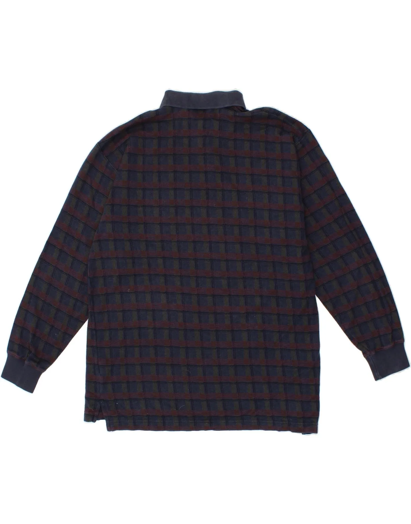 EDDIE BAUER Mens Long Sleeve Polo Shirt Large Navy Blue Check Cotton