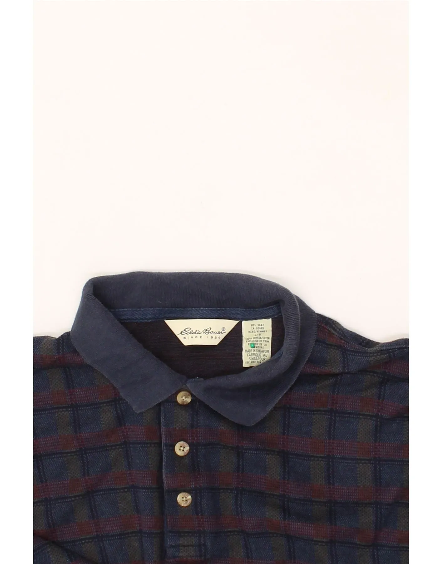 EDDIE BAUER Mens Long Sleeve Polo Shirt Large Navy Blue Check Cotton