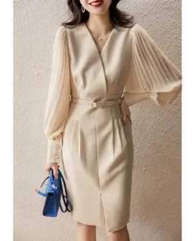 Female Long Sleeve Autumn Winter Cotton Office Dresses Women Solid Color V Neck Elegant Luxury Dress