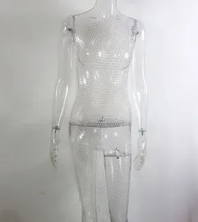 Gacvga  Crystal Mesh Bodycon Dress Black White Women Sleeveless  Summer Beach Dress Hollow Party Dresses Maxi Vestidodre