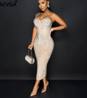 Gacvga Hot Drill Glitter Midlong Dress Crystal Women Sleeveless Perspective Summer Autumn Party Club  Bodycon Dresses  D