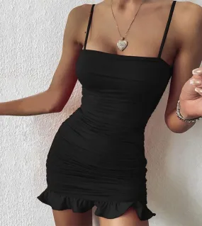 Gacvga  Spaghetti Strap Ruffles Dress Women Slash Neck Ruched Bodycon Mini Dress Ladies Summer Club Party Elegant Clothi