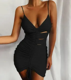 Gacvga   Spaghetti Strap V Neck Bodycon Dress Woman Hollow Out Drawstring Ruched Mini Dresses Women Club Party Clothesdr