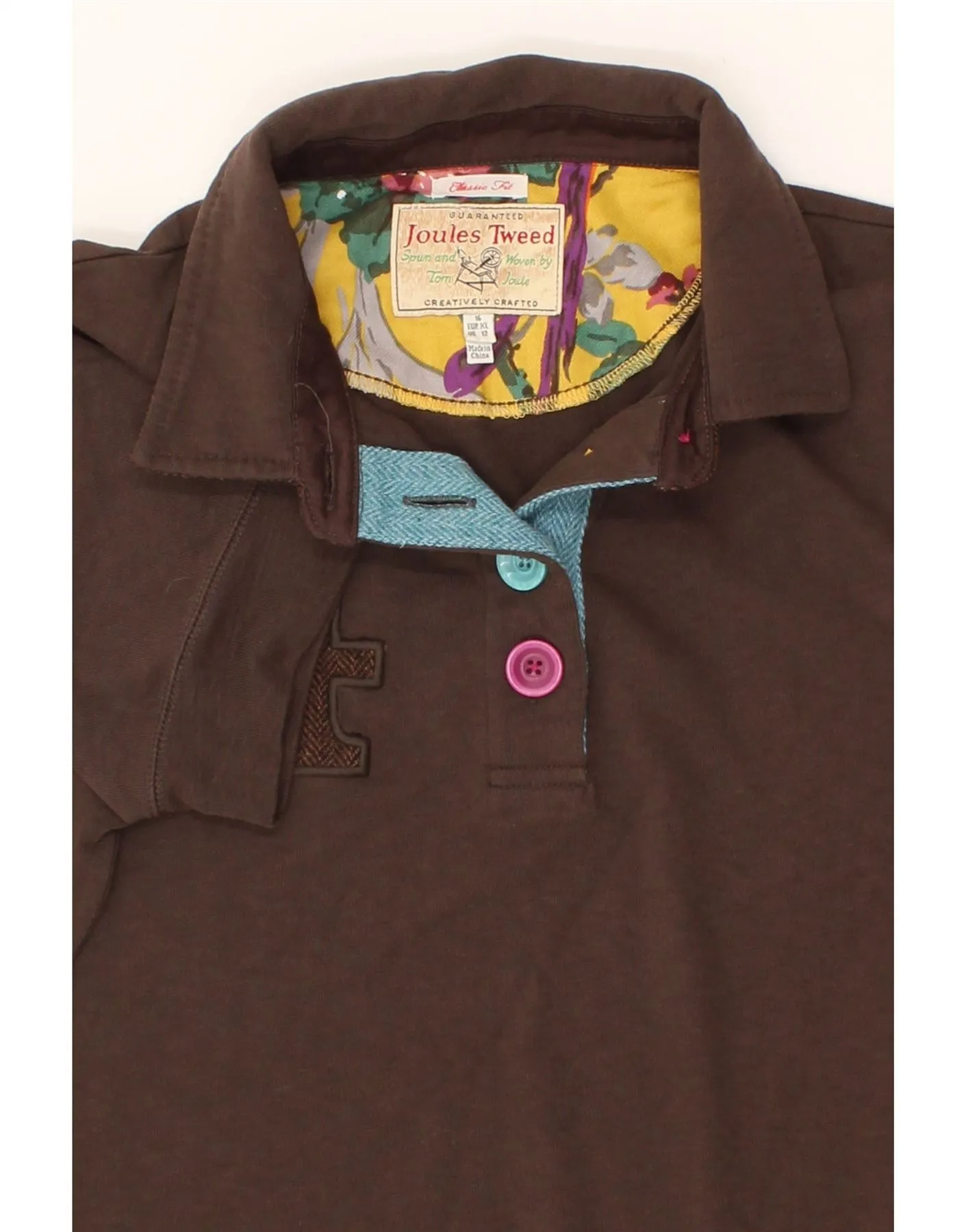 JOULES Womens Graphic Classic Fit Polo Shirt UK 16 Large Brown Cotton