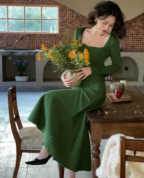Long Sleeve Elegant Green Maxi Sweater Dress Women Autumn Winter Solid Color Square Neck  Style Knit Long Dresses 2022