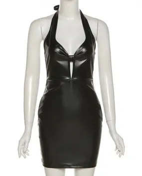 Pu Leather Halter Party Dress Per Le Donne Abbigliamento 2022 Vestido Moda Cut-Out Night Club Abiti Da Donna Autunno Robesdres