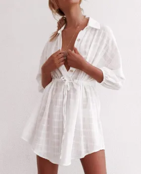 Risvolto Solid White Leisure Commuter Monopetto con coulisse Holiday Wind Beach Dress Office Lady Abiti per le donne