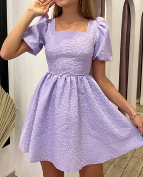 Summer Casual Criss Cross Backless A Line Dress Women Square Neck Puff Sleeve Dress Elegante Moda Tinta unita Slim Min