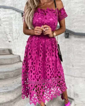 Summer Solid Chic Backless A Line Party Dress Elegante abito in pizzo con spalle scoperte Slash Neck Jacquard alluncinetto lung